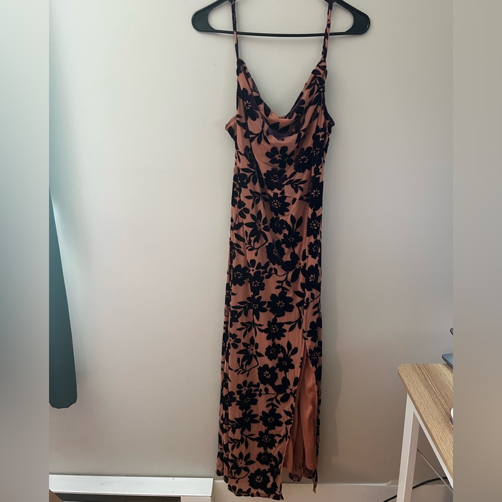 Elegant floral peach and purple midi dress